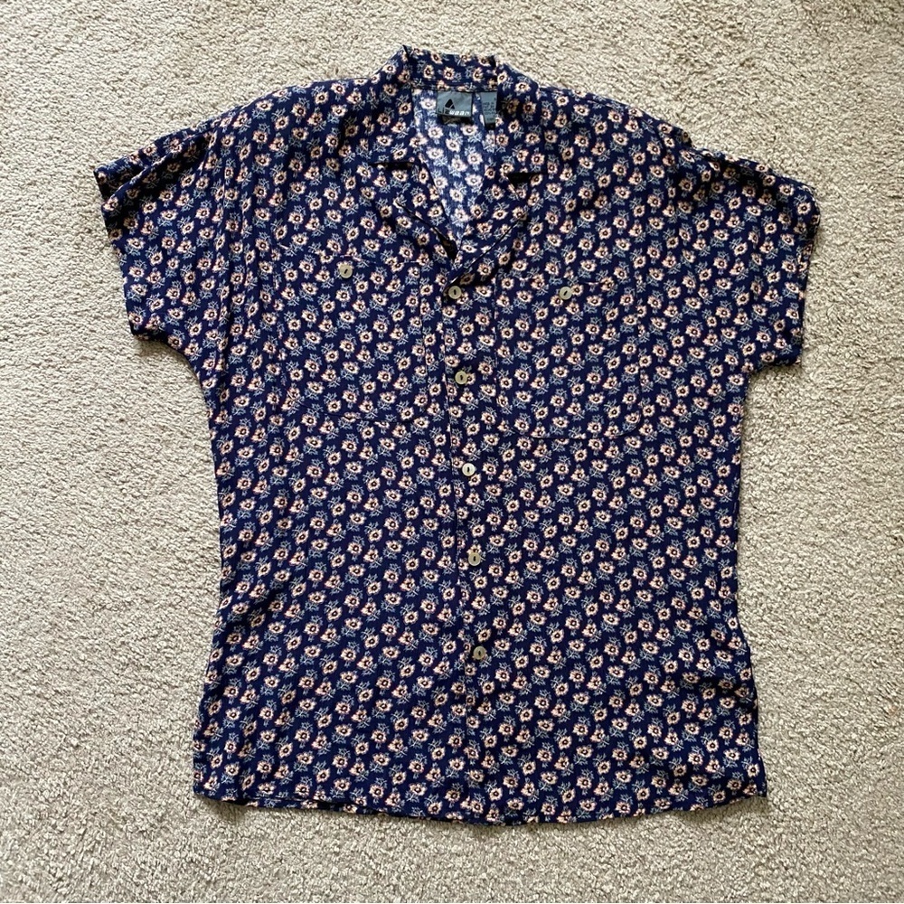 VTG ~ 1990s ~ Lizwear ~ Navy Tunic with Flowers ~ Notched Collar ~ Size S
